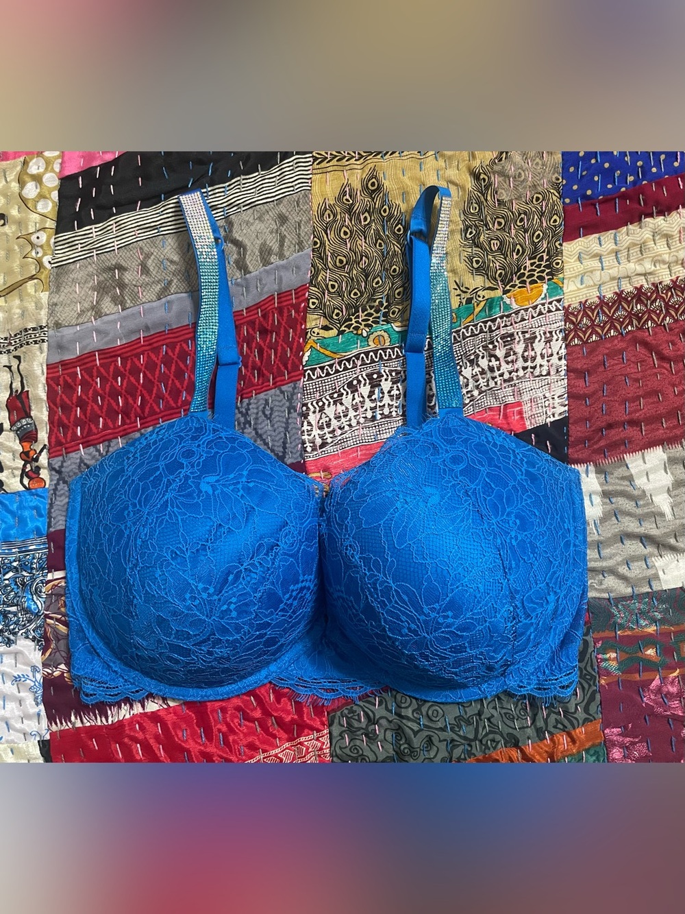 Victoria’s Secret Electric Blue Lace Push-Up Bra with Rhinestone Straps